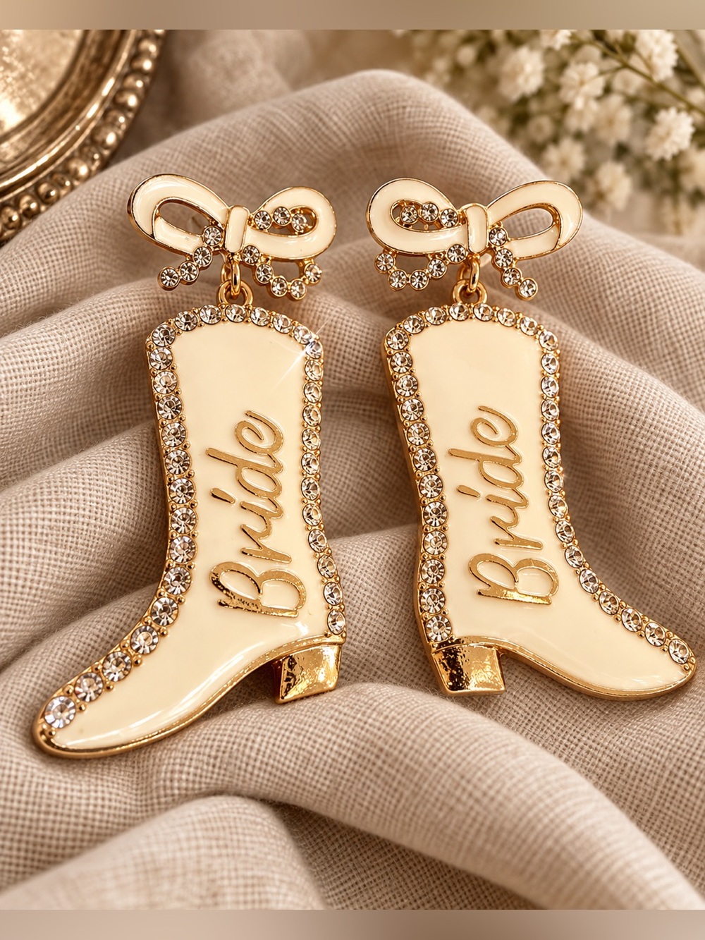 Bride Cowboy Boot Earrings Gold Cream Enamel Rhinestone Bow Western Bridal